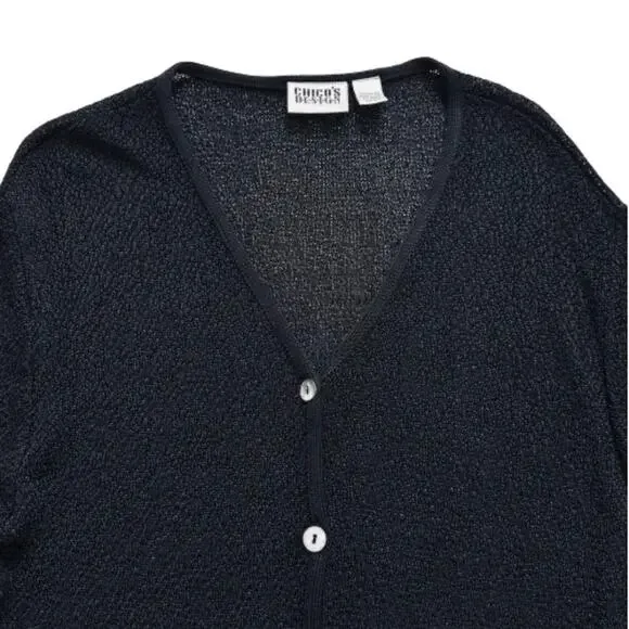 Chicos Design Cardigan Sweater Black Open Weave Knit Button Front Medium/Large - Picture 7 of 12